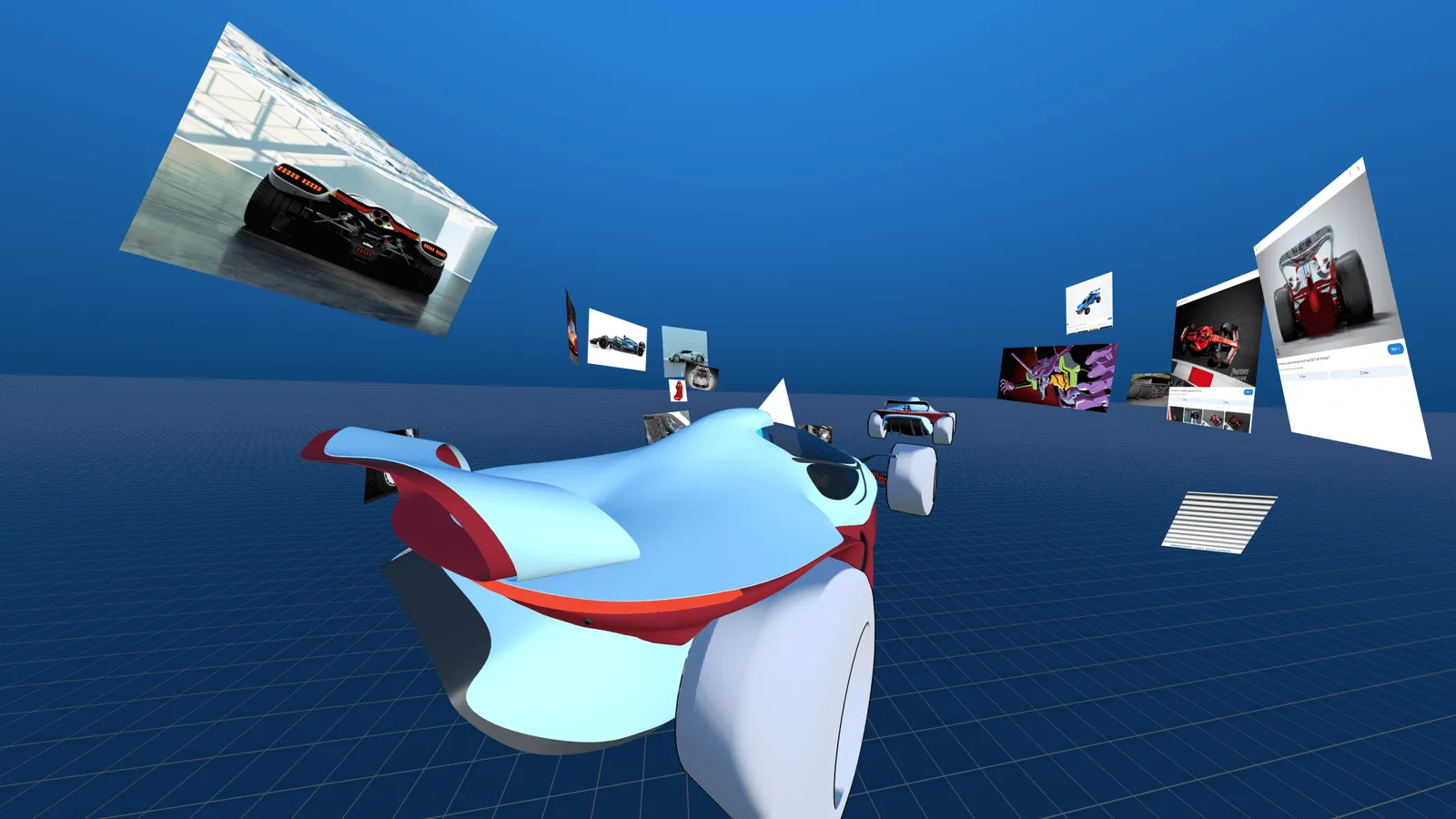 References pinned in space around the full-size model.