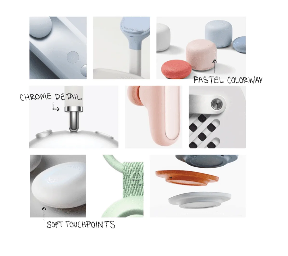 CMF: pastel colorway, chrome detail, soft touchpoints.