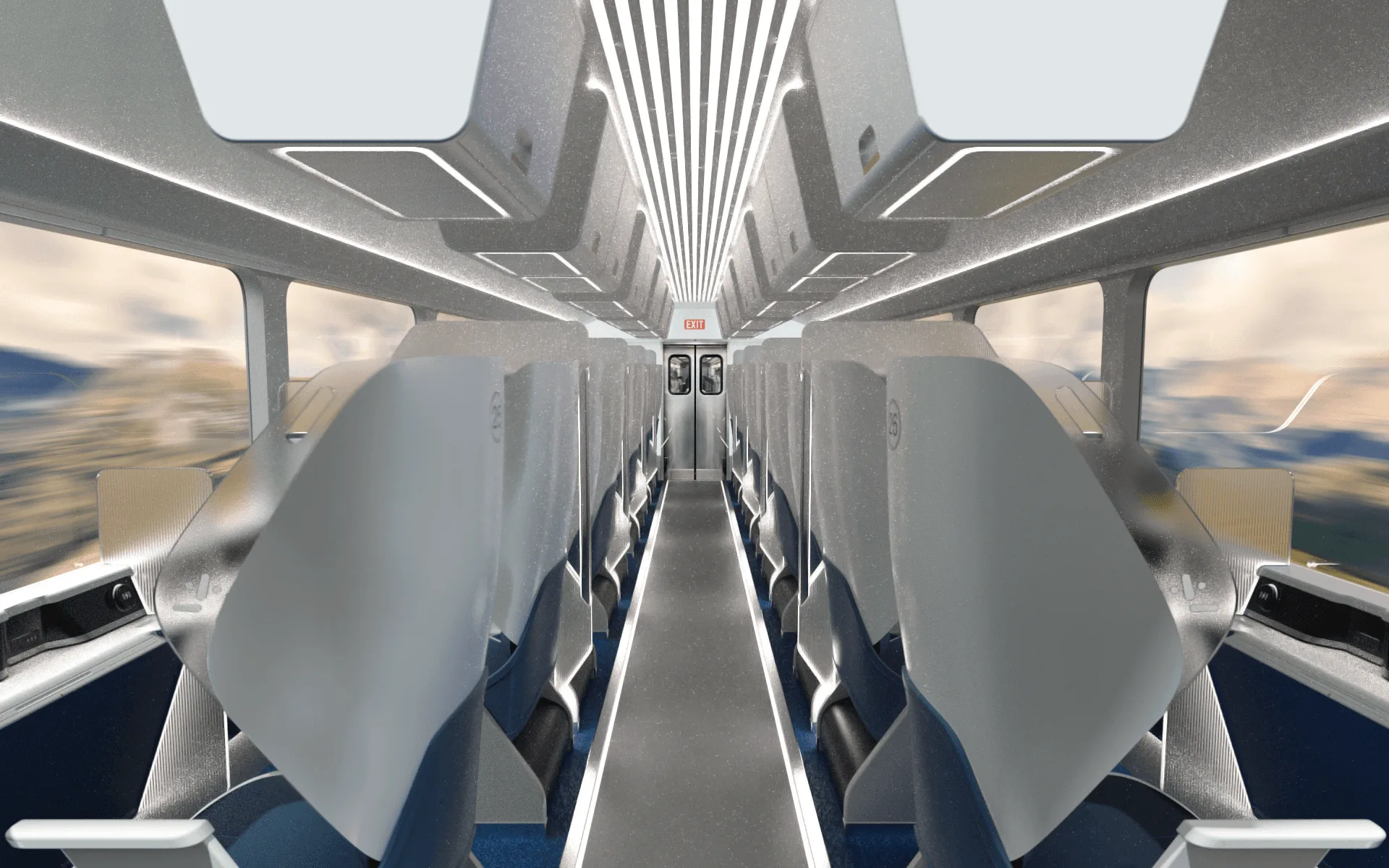 Private, adjustable seating down the length of the car.